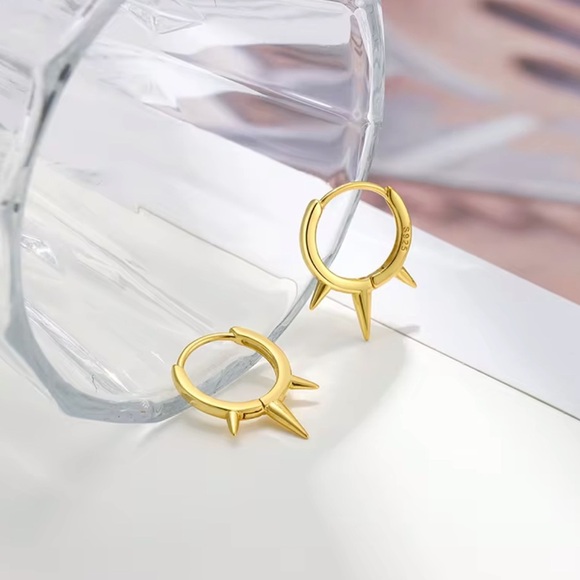 Kate Spade Inspired Solid Silver 18K Gold Plated Spike Hoop Earrings - Picture 1 of 6